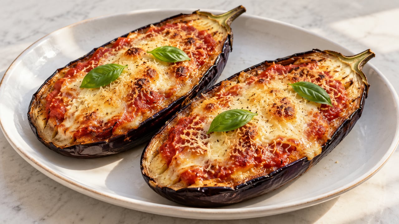 Due melanzane al forno con salsa di pomodoro, mozzarella, parmigiano e basilico fresco