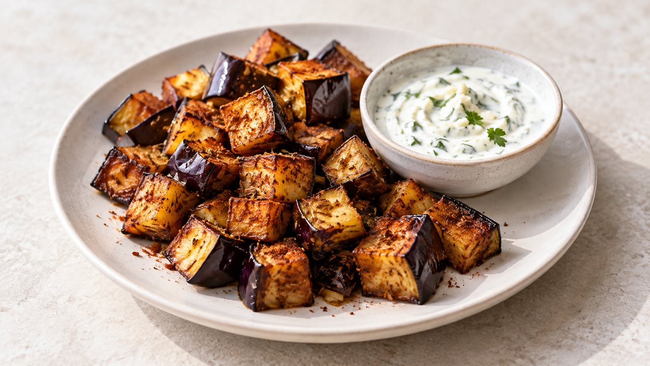 Dés d’aubergine rôtis avec yaourt au persil