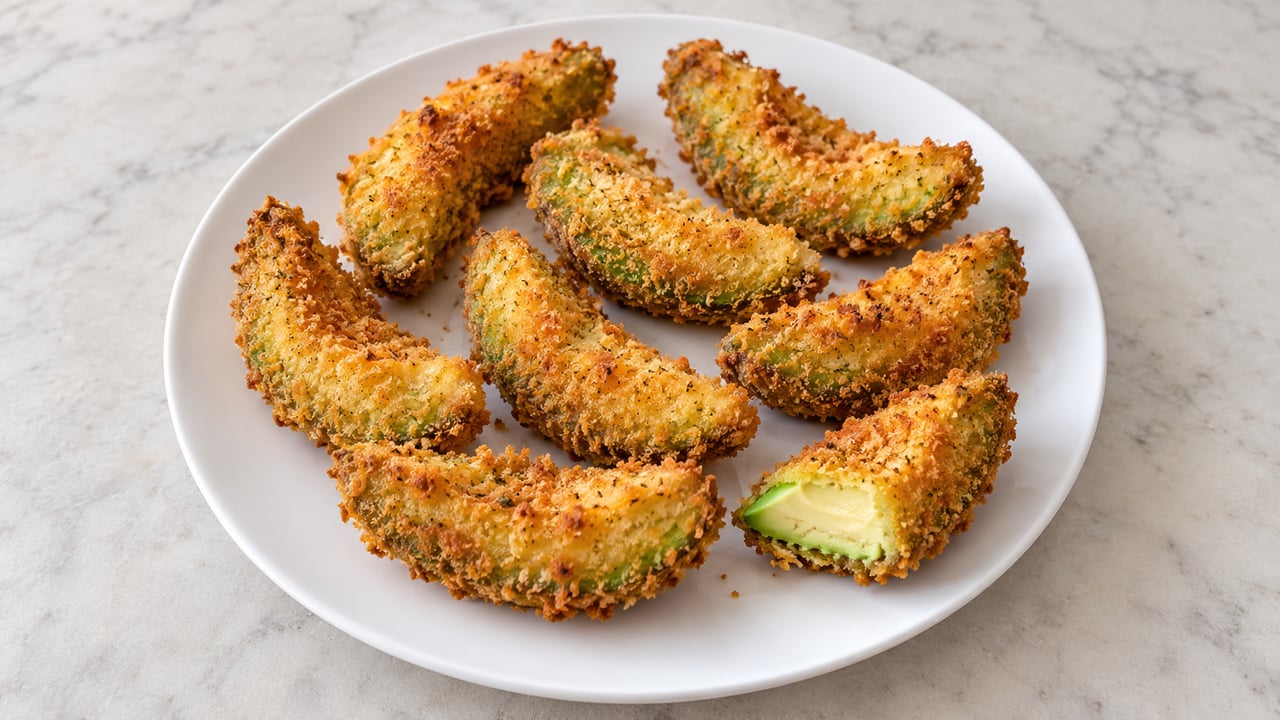 Spicchi di avocado impanati dorati con interno verde tenero