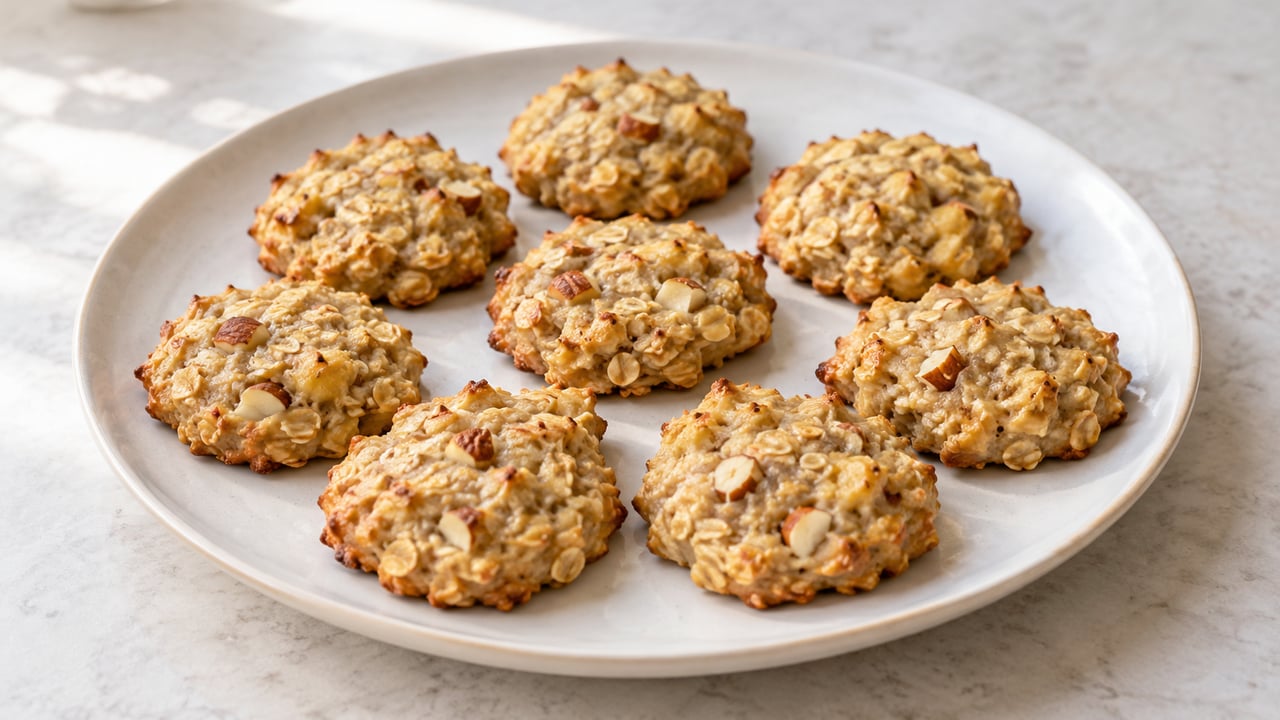 Huit petits biscuits de bananes à l'avoine avec des morceaux visibles d'avoine et d'amande