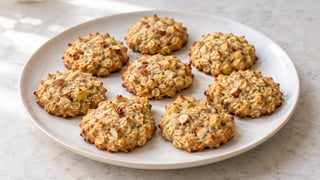 Ocho pequeñas galletas de plátano de avena suave con trozos de avena y almendras visibles
