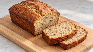 Pequeño pan de plátano marrón dorado con dos rebanadas y migajas finas porosas