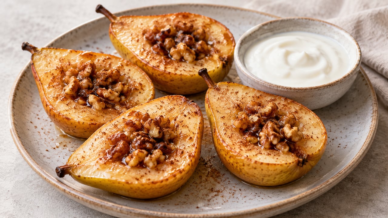 Quattro pere al forno con noci e miele, accanto ad uno yogurt naturale