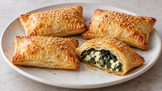 Cuatro paquetes de hojaldre marrón dorado con sésamo, uno con relleno visible de espinaca feta