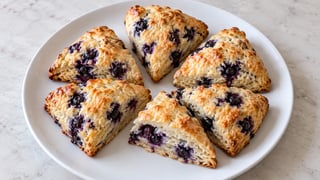 Piccoli scones triangolari dorati con mirtilli viola visibili