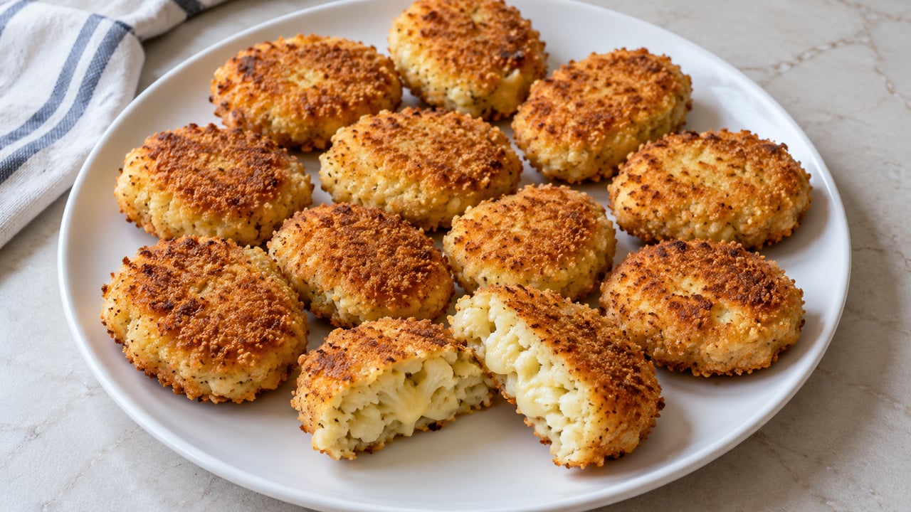 Nuggets planos dorados con coliflor y queso por dentro