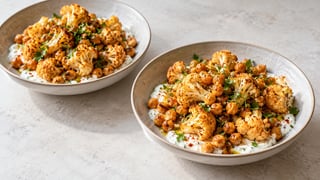 Coliflor y garbanzos asados con yogur al limón en un cuenco