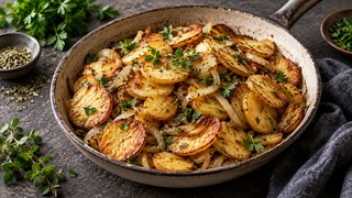 Pommes de terre à frire dorées de l’Air Fryer avec oignons, marjoram et persil