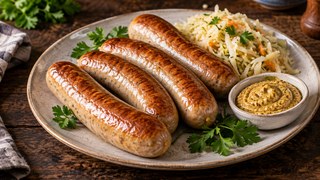 Saucisses dorées de la friteuse à l'air avec moutarde, persil et une petite salade de choux
