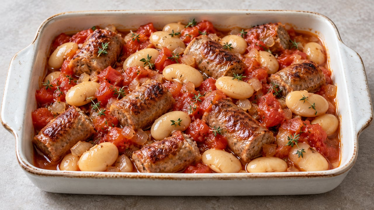 Trozos de salchicha dorados con judiones blancos y tomate