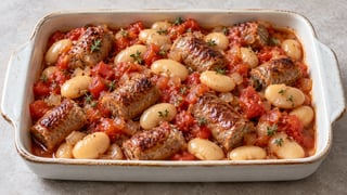 Pezzi di salsiccia dorati con grandi fagioli chiari e pomodori