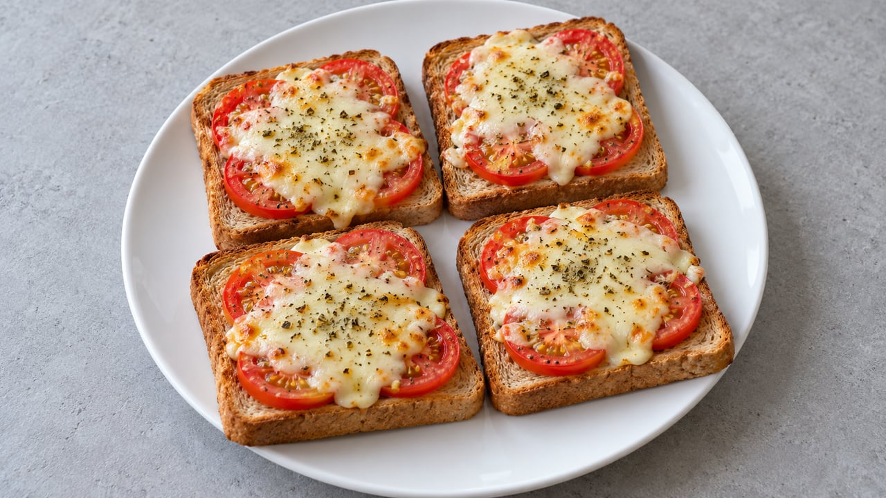 Toast aperti con pomodoro e mozzarella fusa dorata chiara
