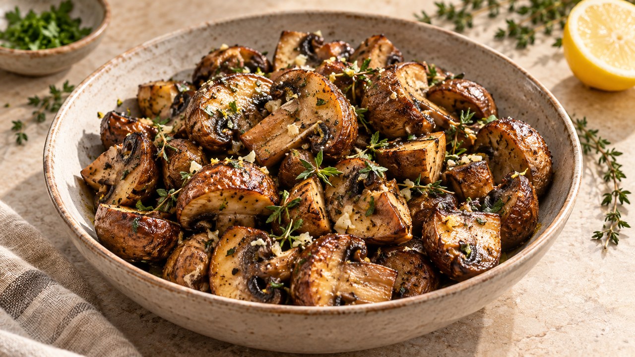 Champignons brunis de la friteuse à l'ail, au thym, au citron et au persil