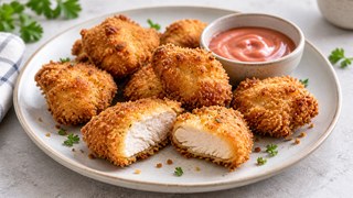 Nuggets de poulet maison croustillante de l’Air Fryer avec le ketchup de yaourt