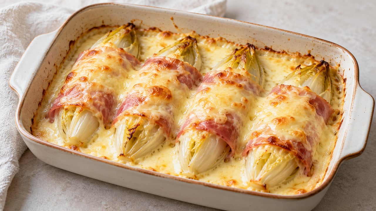 Mezzi cespi di indivia avvolti nel prosciutto con salsa e formaggio