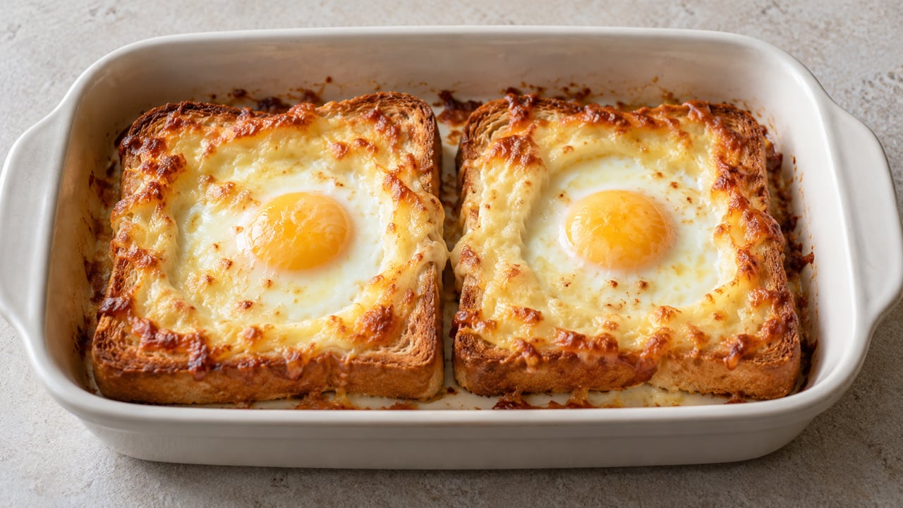 Due toast con uova sode al centro e formaggio fuso