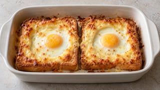 Dos tostadas con huevos cuajados en centro y queso fundido
