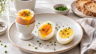 Oeufs cuits doux et cireux de l’Air Fryer avec ciboulette sur les assiettes de petit déjeuner