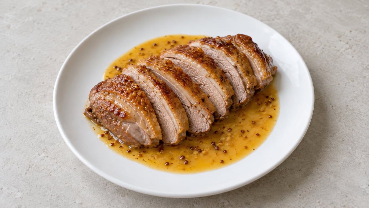 Pechuga de pato cocida cortada con piel dorada y salsa de naranja