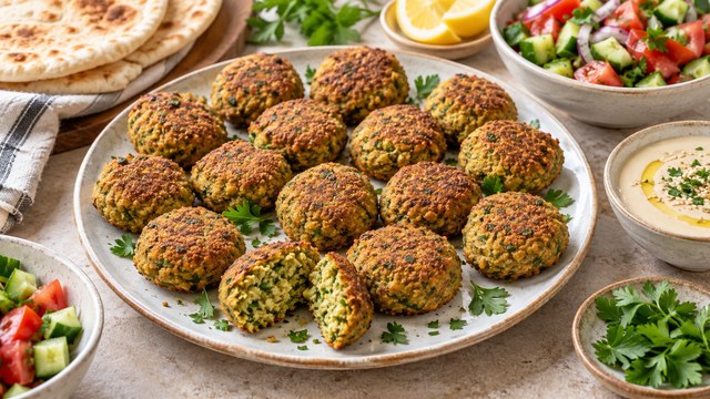 Falafel marrón dorado de la freidora de aire con hierbas, pan plano, ensalada y salsa de tahini
