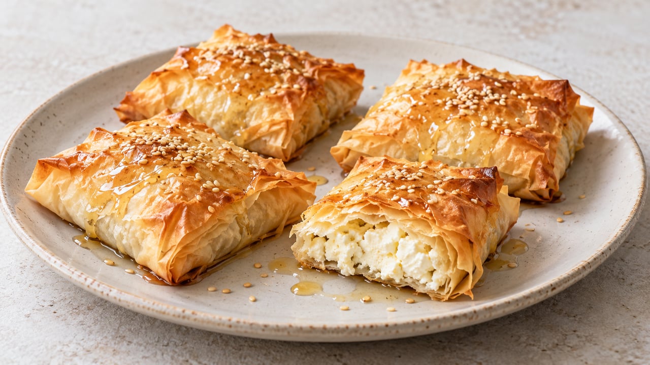 Paquetitos dorados de filo con feta, miel y sésamo