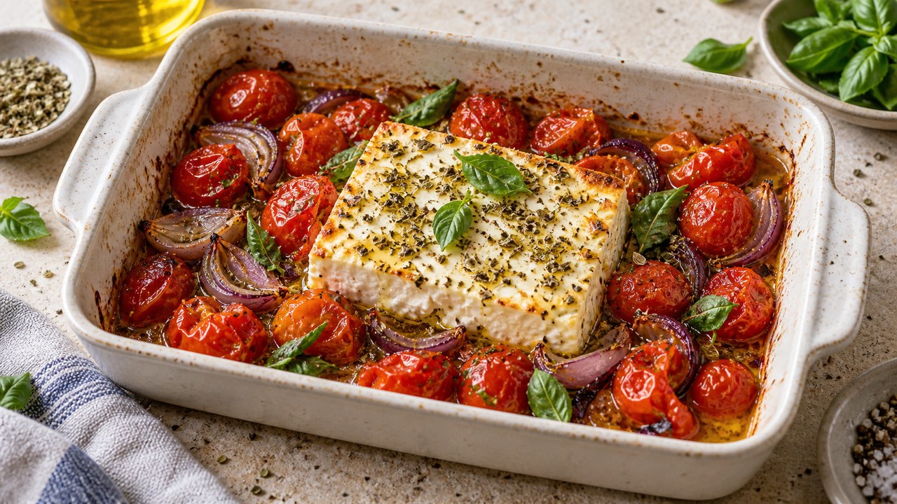 Feta morbida con pomodorini scoppiati, origano e basilico dalla friggitrice ad aria