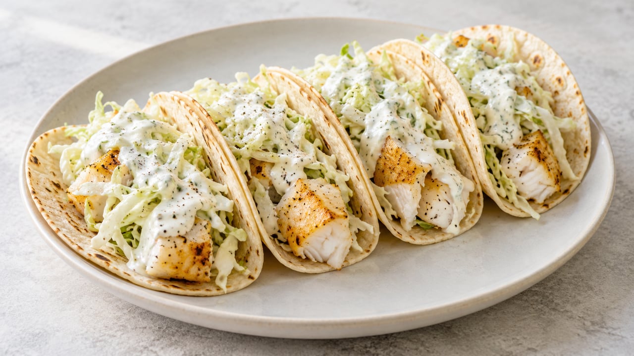 Tacos souples au cabillaud cuit, chou blanc et sauce au yaourt