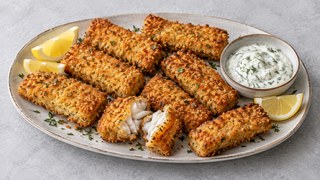 Bâtons de poisson maison dorés brun de l’Air Fryer avec citron et trempette à base de plantes
