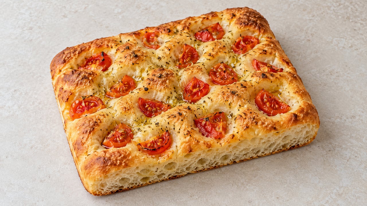 Focaccia pequeña dorada con tomate y orégano en huecos