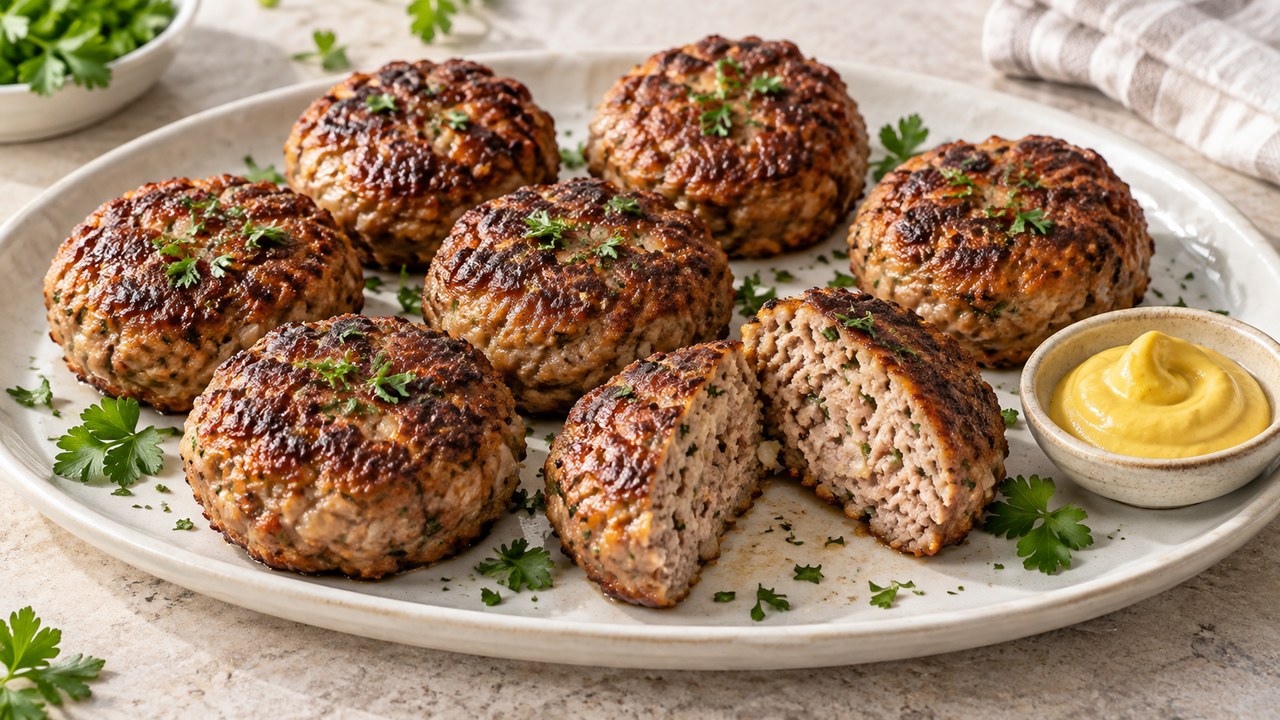 polpette dorate dall'friggitrice ad aria con prezzemolo e senape su un piatto leggero