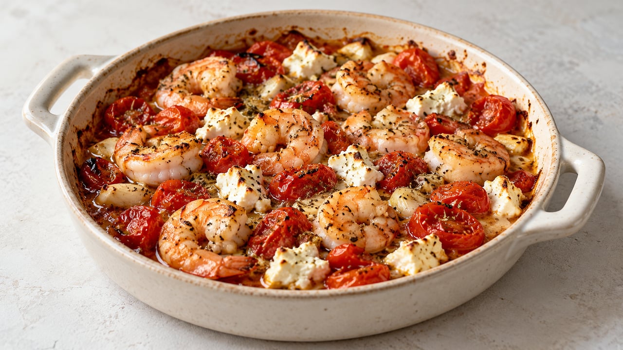 Gamberi cotti con pomodori arrostiti e feta