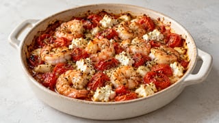 Gambas cocinadas con tomates asados y feta