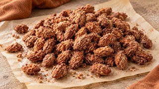 Amandes brûlées de l’Air Fryer avec croûte de sucre de cannelle croustillante sur du papier à pâtisserie
