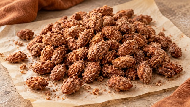 Almendras quemadas de la freidora de aire con corteza crujiente de azúcar canela en papel para hornear