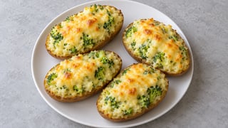 Cuatro mitades de patata con brócoli y gouda fundido