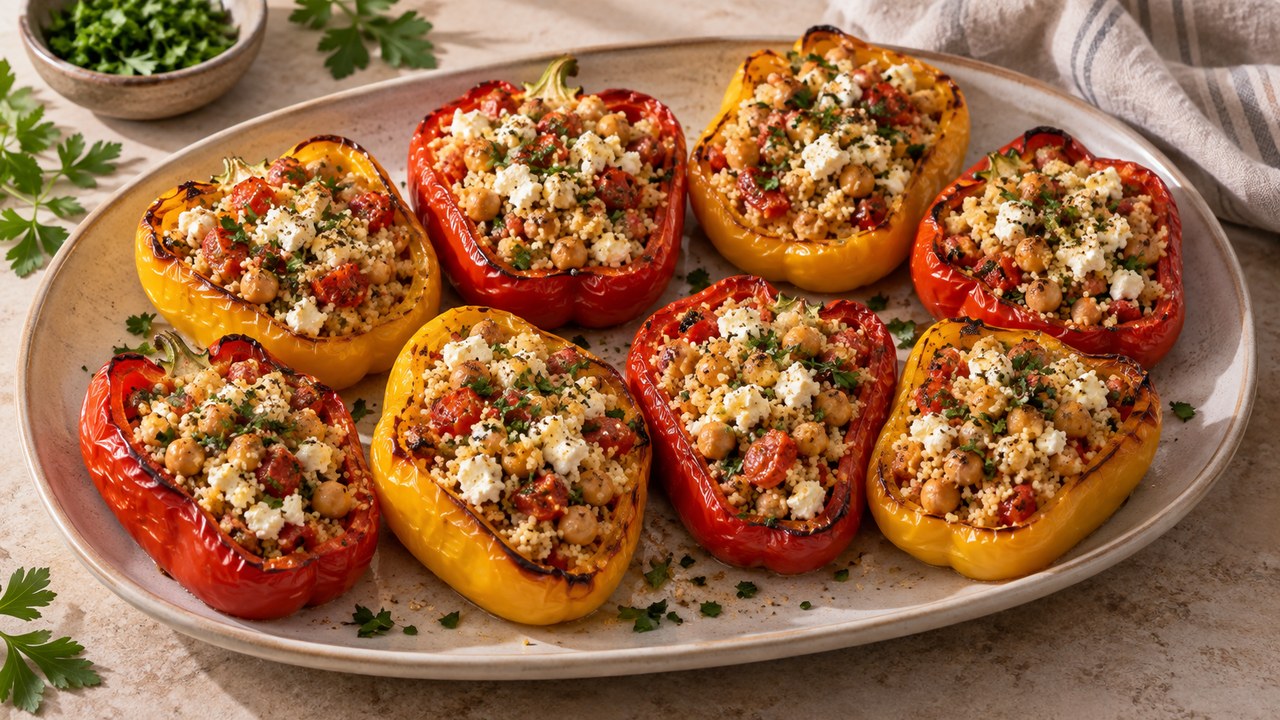 Mitades de pimentón rellenas vegetarianas de la freidora de aire con cuscús, garbanzos, tomates y feta