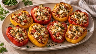 Paprika rempli de légumes moitiés de l’Air Fryer avec couscous, pois chiches, tomates et feta