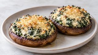 Dos grandes champiñones Portobello con relleno de espinaca verde ricotta y superficie de queso dorado