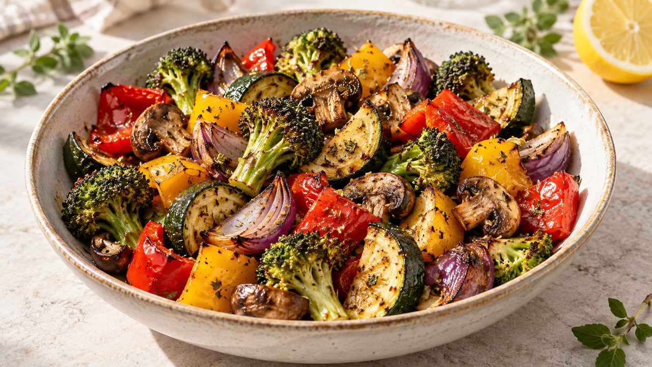 Verdure colorate arrostite dalla friggitrice ad aria con broccoli, peperoni, zucchine e funghi