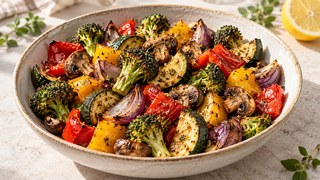 Verdure colorate arrostite dalla friggitrice ad aria con broccoli, peperoni, zucchine e funghi