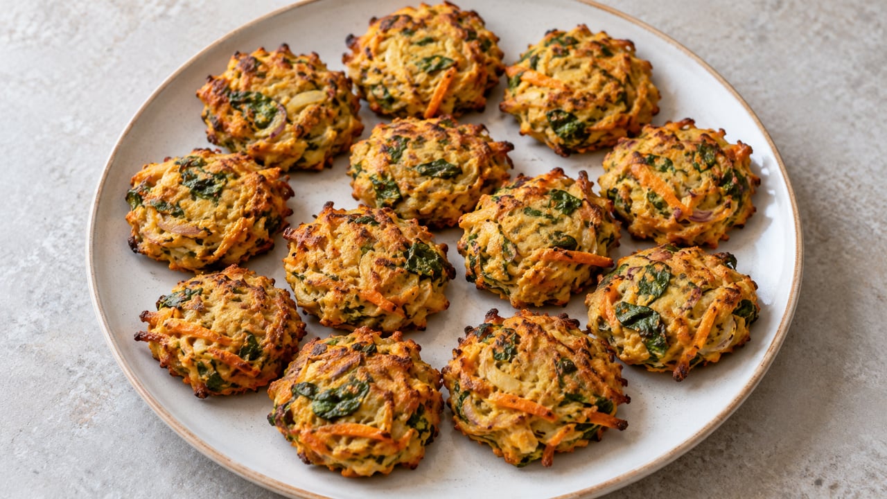 Pakora piatti dorati con carota e spinaci visibili