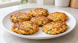 Seis pequeños buñuelos de verduras dorados con zanahoria naranja visible y trozos de calabacín verde