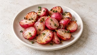 Metà di ravanelli rosa arrostiti con foglioline di timo