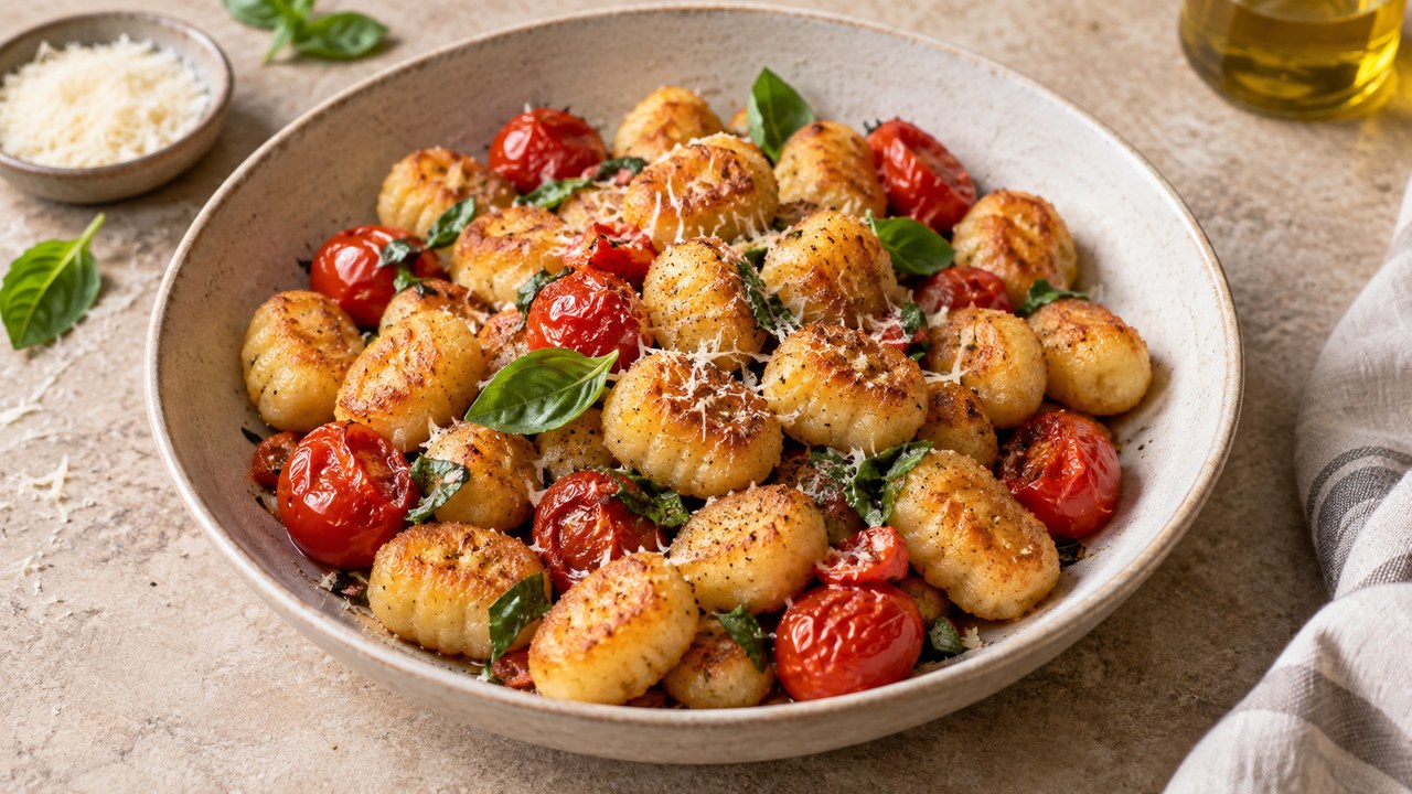 Gnocchi croccanti dorati dall'friggitrice ad aria con parmigiano, basilico e dip