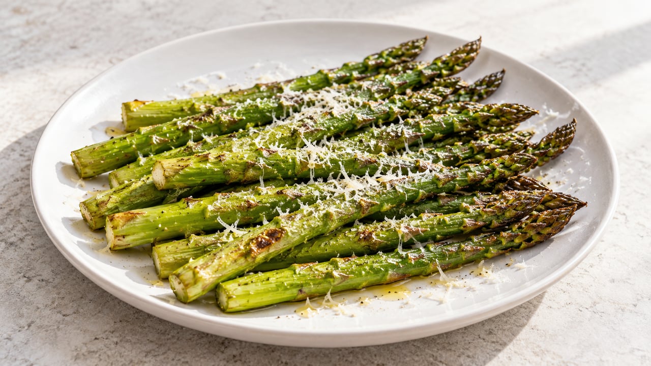 Lance asparagi verdi con punte leggermente dorate e parmigiano finemente grattugiato su un piatto