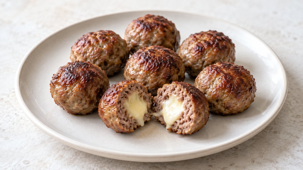 Albóndigas de vacuno doradas, una abierta con mozzarella fundida