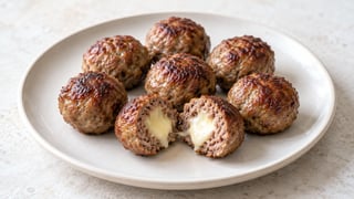 Albóndigas de vacuno doradas, una abierta con mozzarella fundida