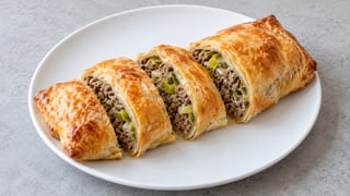 Piccolo strudel di sfoglia tagliato con manzo cotto e porri