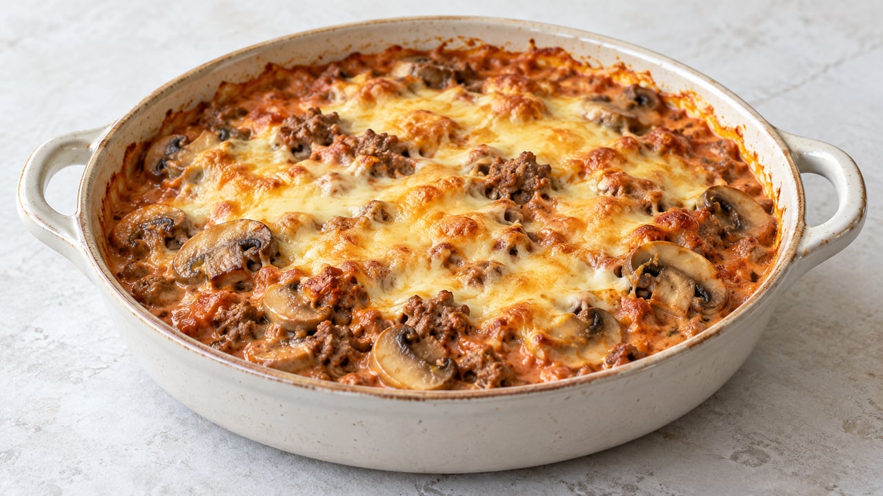 Manzo e funghi in salsa di pomodoro e panna con Gouda