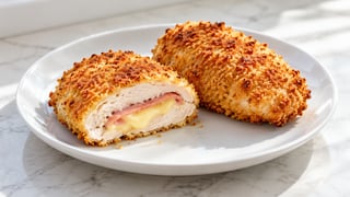 Dos cordoncillo de pollo panado dorado bleu, uno con relleno de jamón-queso visible cortado abierto